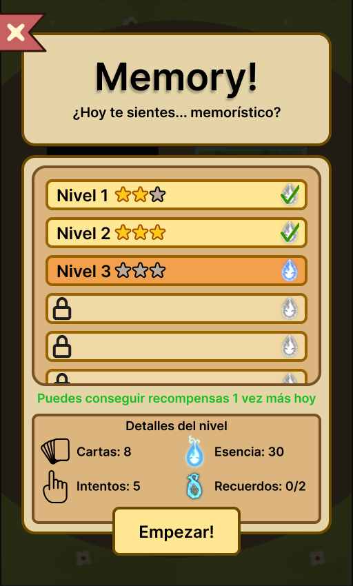 Structural mockup of the Memory level-select screen
