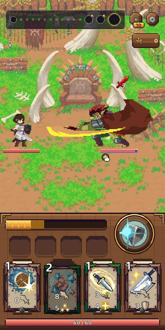Dungeon Heroes combat: the Knight and a charging beast, a four-card hand and an energy meter